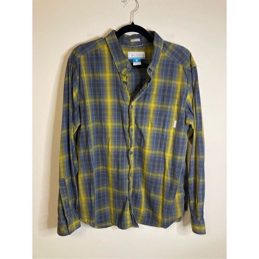 Columbia Mens Large Plaid Button Down Long Sleeve Blue Yellow